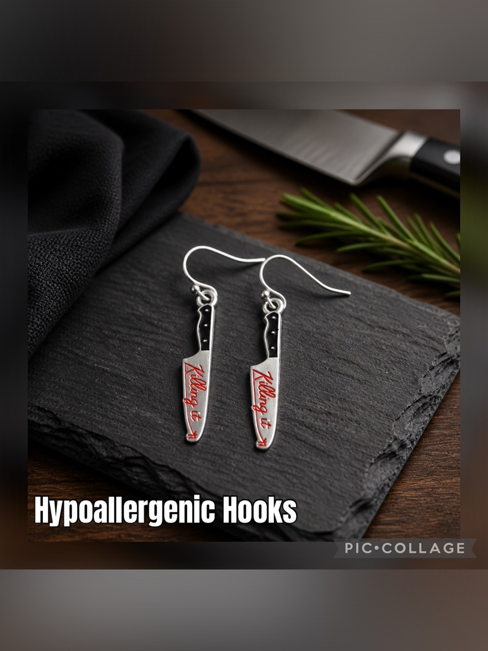 Knife Dangle Earrings in Silver with Black Handles and Red Killing It Script